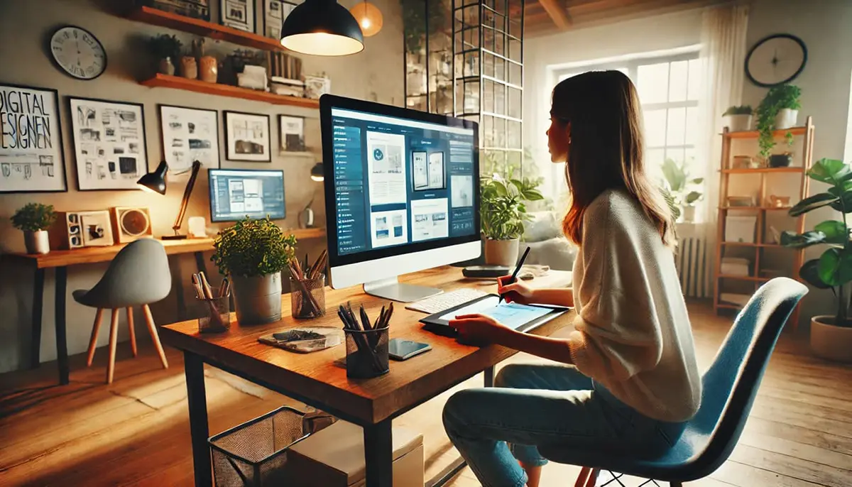 A UX designer sits at an office desk and performs a UX Design Heuristics evaluation of a website.