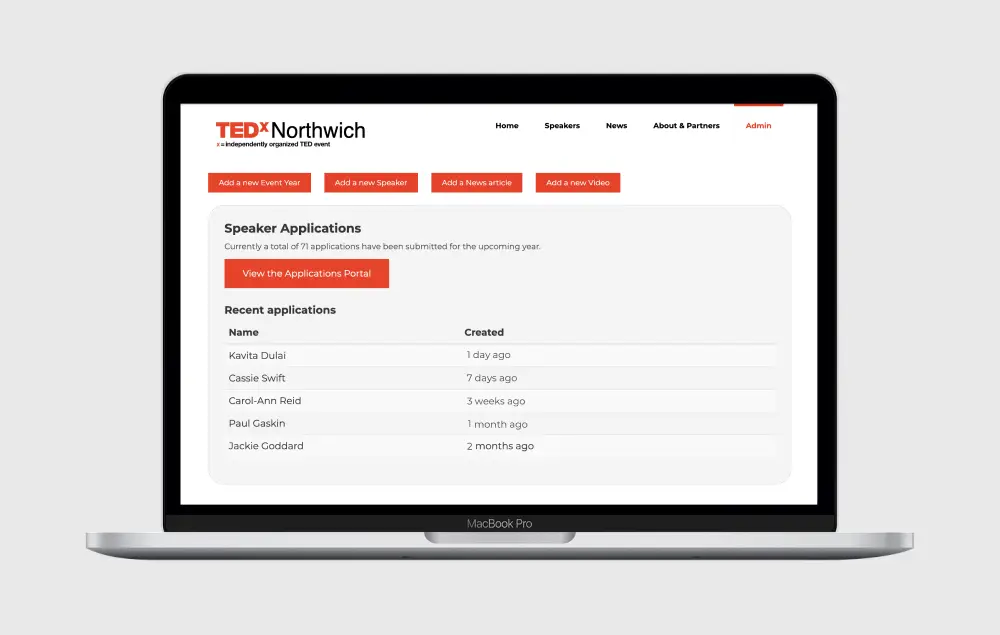 TEDxNorthwich website admin area, displaying a list of recent speaker applications