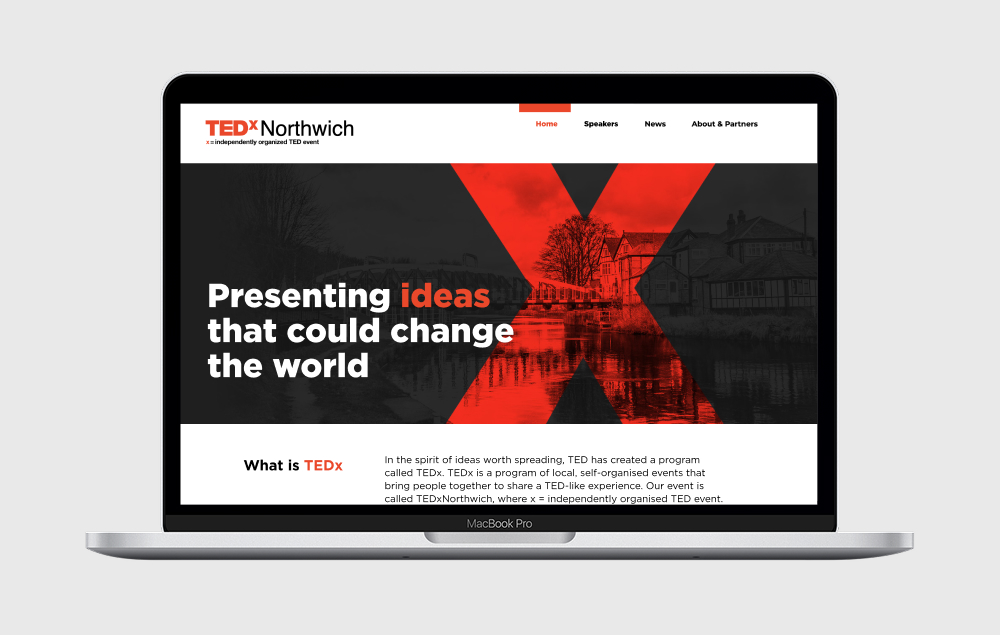 TEDxNorthwich website homepage design displayed on an laptop screen