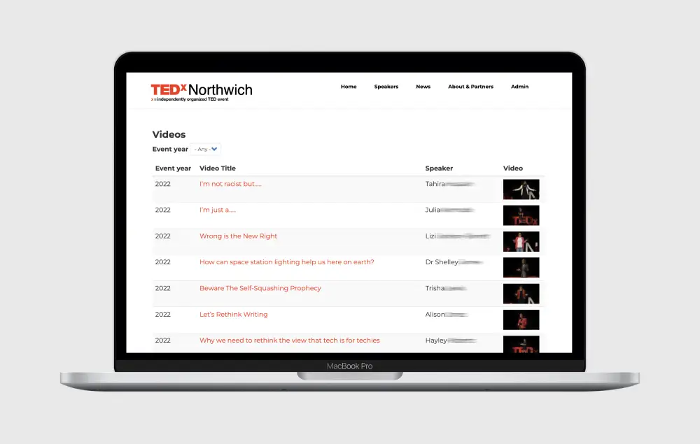 TEDxNorthwich website video administration screen design