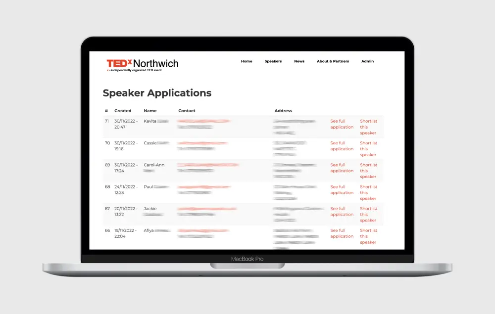 TEDxNorthwich's website speaker application portal area 